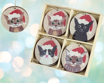 8 Wooden Christmas Tree Decorations, Cat Christmas Tree Baubles, Flat Baubles, Wooden Tree Decoration, Christmas Decorations, Wooden Baubles