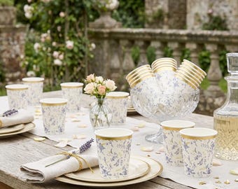 Elegante papieren feestbekers met blauwe en gouden bloemen - Set van 8, stijlvolle wegwerpbekers voor bruiloften, verjaardagen, theefeestjes en evenementen