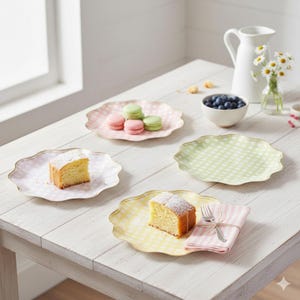 Set van 8 papieren borden met gingang, lila, roze, geel, groen en goud, verjaardag, babyshower, wegwerpservies, picknickdecoratie