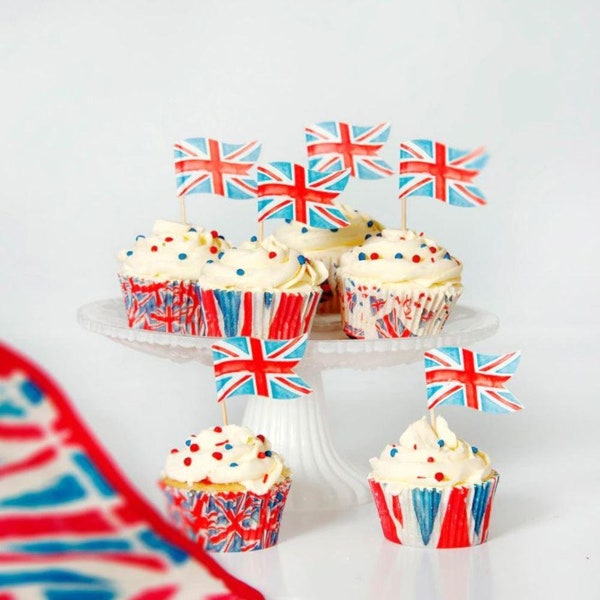 75 Cupcake-Backformen mit britischer Union Jack-Flagge, Queens Jubilee Party Food, Platinum Jubilee Bun Cases, Royal Street Party Food Display