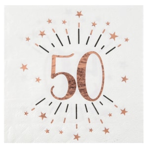May include: White paper napkins with a rose gold 50 surrounded by a burst of black lines and rose gold stars.