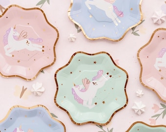 6 platos de papel decorativos con temática de unicornio, ideal para fiestas de cumpleaños de hadas, vajilla de unicornio, platos desechables
