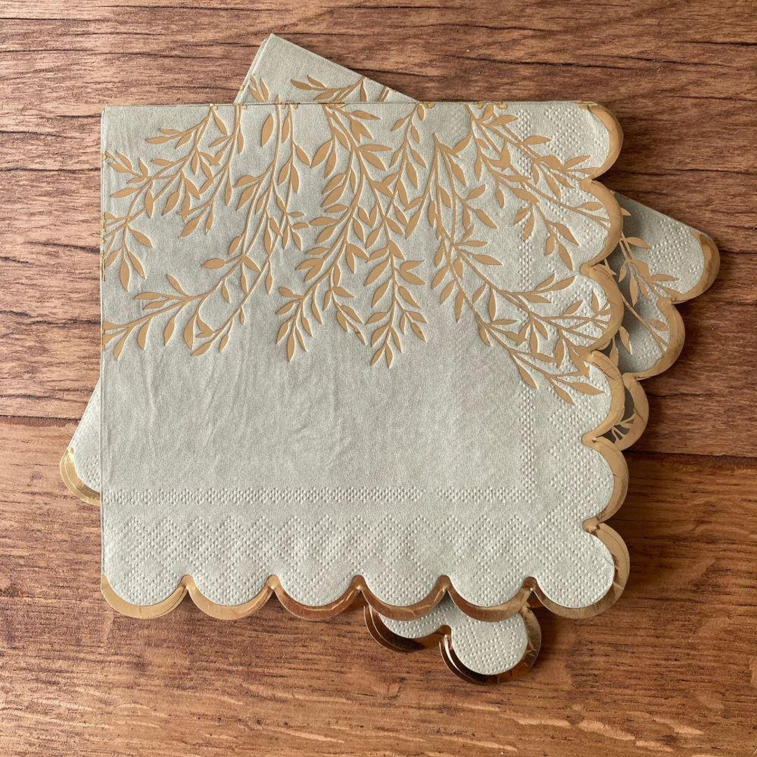 16 Sage Green Paper Napkins With Gold Sprigs, Afternoon Tea Party