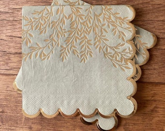 16 Sage Green Paper Napkins With Gold Sprigs, Afternoon Tea Party Napkins, Sage Green Tableware, Wedding Paper Napkins