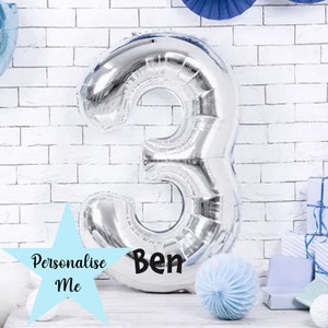 Personalisierter Jumbo Silber Zahl 3 Ballon, Geburtstagsballon mit Namen 86cm, Silberne Partydekoration, 3.13.30