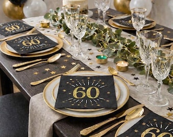 10 servilletas negras y doradas para fiesta de 60 cumpleaños, servilletas de papel metalizadas para 60 cumpleaños, vajilla para cumpleaños de 60 años, artículos para fiesta de cumpleaños de 60 años.