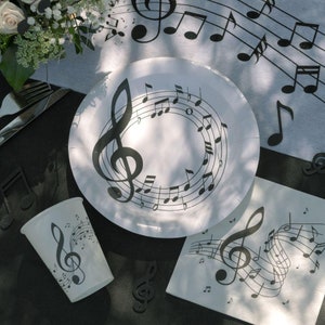 10 piatti di carta con note musicali, stoviglie per feste con note musicali, piatti per feste in discoteca, articoli per feste di compleanno a tema musicista, piatti bianchi e neri