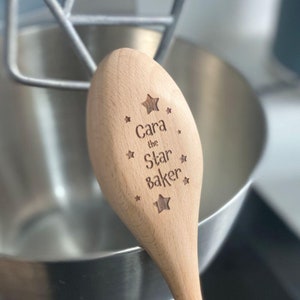 Personalised Wooden Spoon Star Baker Design, Custom Engraved Wood Spoon And Handle, Baking Gift, Childrens Kitchen Gift, 31cm