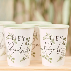 8 Botanical Hey Baby Party Cups, Baby Shower Cups, Neutral Baby Shower Decorations, Eco Baby Shower, Gender Reveal Party Cups