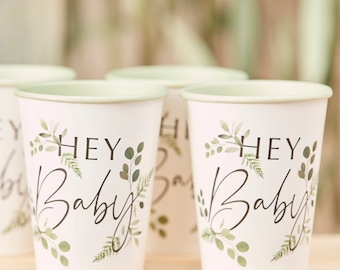 8 Botanische Hey Baby Party Tassen, Baby Shower Cups, Neutrale Baby Shower Dekorationen, Eco Baby Shower, Gender Reveal Party Tassen