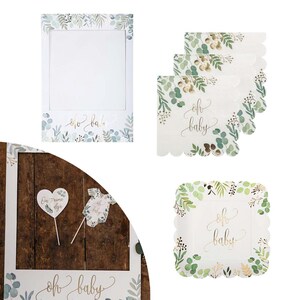 Baby Shower Botanical Tableware, Green Leaf Plates Napkins Cups & Photo Booth Frame, Oh Baby Neutral Partyware, Green Gender Reveal Party