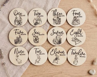 Luck and Luck Peter Rabbit Wooden Monthly Milestone Discs, Wooden Baby Backdrop and Photo Prop 10 cm (Set of 12)