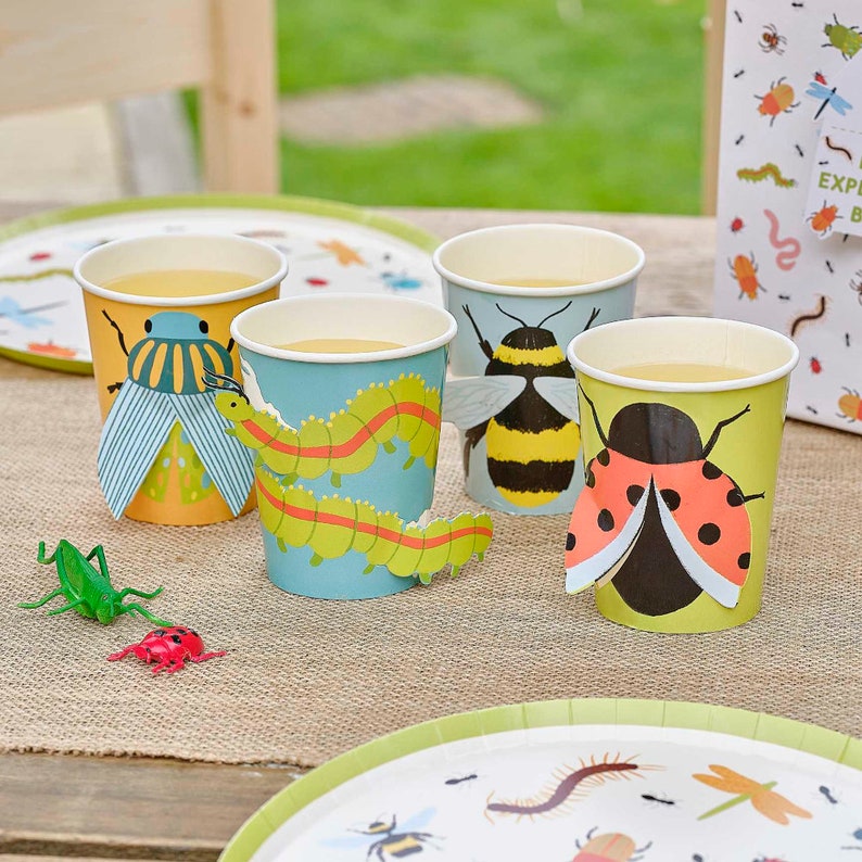 Childrens Birthday Bug Insect Partyware, Bug Paper Cups Plates Napkins & Decorations, Kids Party Decorations, Insect Birthday Party Balloons Paper Cups x16