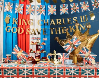 Kings Coronation Party Supplies, Union Jack Decorations Tablecloth and Bunting, British Partyware, Royal Cake Stand, Kings Bunting Banners