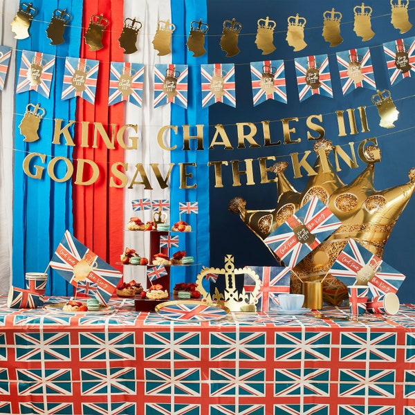 Kings Coronation Party Supplies, Union Jack Decorations Tablecloth and Bunting, British Partyware, Royal Cake Stand, Kings Bunting Banners