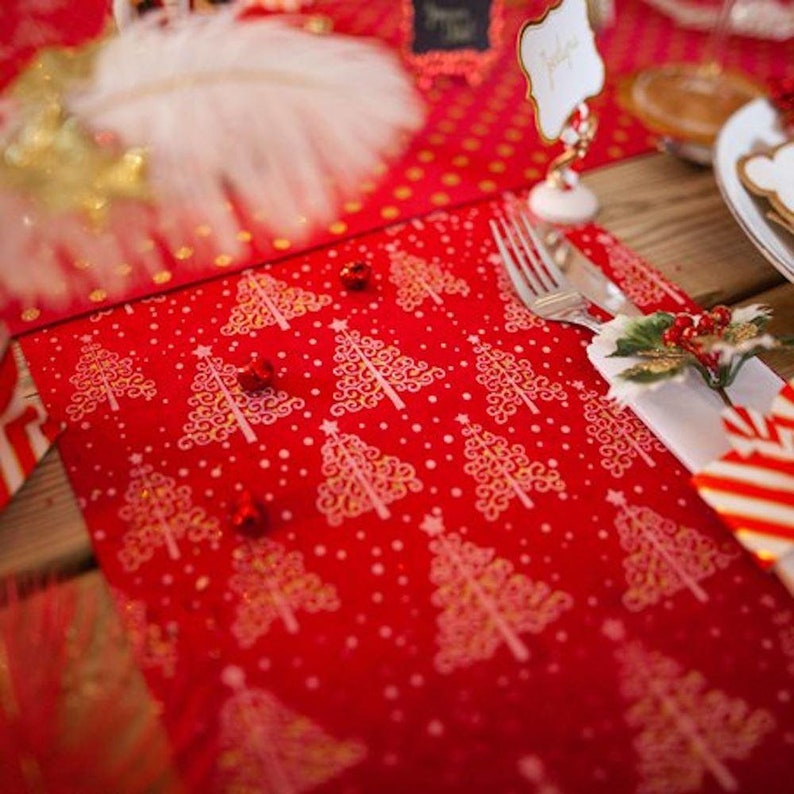 Red Velvet Christmas Tree Table Runner Red Christmas Table Etsy