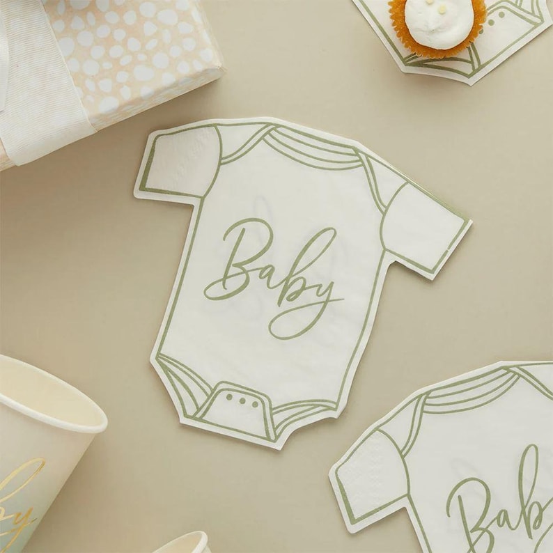 Papieren servetten voor een babyshower, saliegroen, babykleding-servies voor de aanstaande moeder (verpakking van 16) afbeelding 1