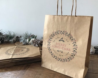 10 Merry Christmas Party Bags, Kraft Brown Christmas Gift Bags With Handles, Festive Gift Bags, Gift Wrapping, Christmas Bags