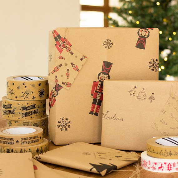 Christmas Gift Wrapping Supplies, Festive Gift Wrap Paper, Kraft Paper Gift Wrapping Tape, Wide Craft Tape, Kraft Paper Gift Wrap Various