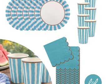 Blue Striped Party Tableware Set, Paper Plates Cups and Napkins for Birthdays, Celebrations and Kids Parties (Party Pack for 6)