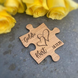 Ficha de rompecabezas de corazón personalizada, recuerdo de compromiso, nombre y fecha, regalo para el 5.º aniversario, ficha romántica de madera en bolsa