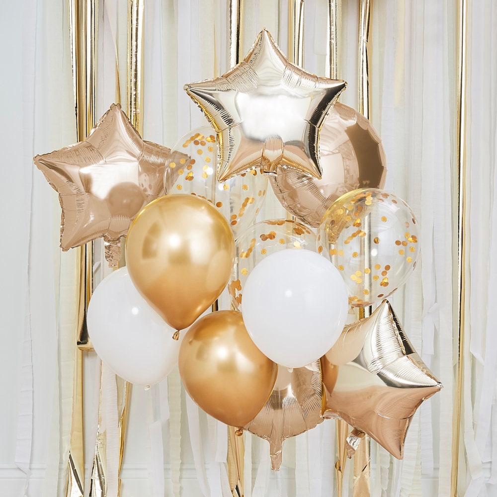 Black Gold White Balloon Birthday Party Decorations 84pcs Include 2pcs 3x8 ft Foil Fringe Door Curtains Gold confetti balloons with Metallic fringes 