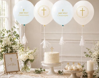 4 Blue and Gold First Holy Communion Balloons With Tails, Boys Communion Party, Religious Party Balloon Decorations, Church Balloons