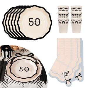 Hello 50 Party Pack For 6, Fiftieth Party, 50th Birthday, Black Bow Design Plates, Napkins & Cups Set
