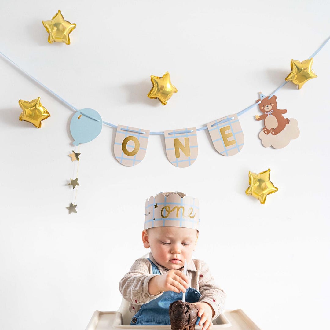 Teddy Bear 1st Birthday Banner With Crown, Perfect for Baby Boy Parties ...