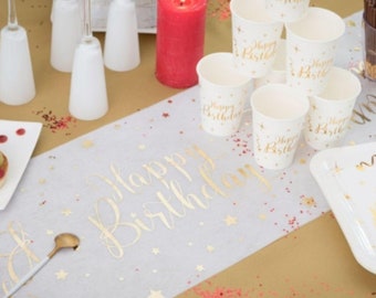Weiß und Gold Happy Birthday Tischläufer, Glitzernder Folientischläufer, Geburtstagsgeschirr, Geburtstag Partyware 5m