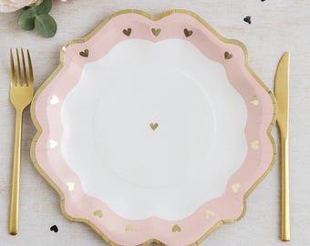 Roze gouden hart papieren borden Set van 8, romantisch servies voor verjaardagsfeestjes, schattige kinderfeestborden, babyshowerversieringen 23 cm