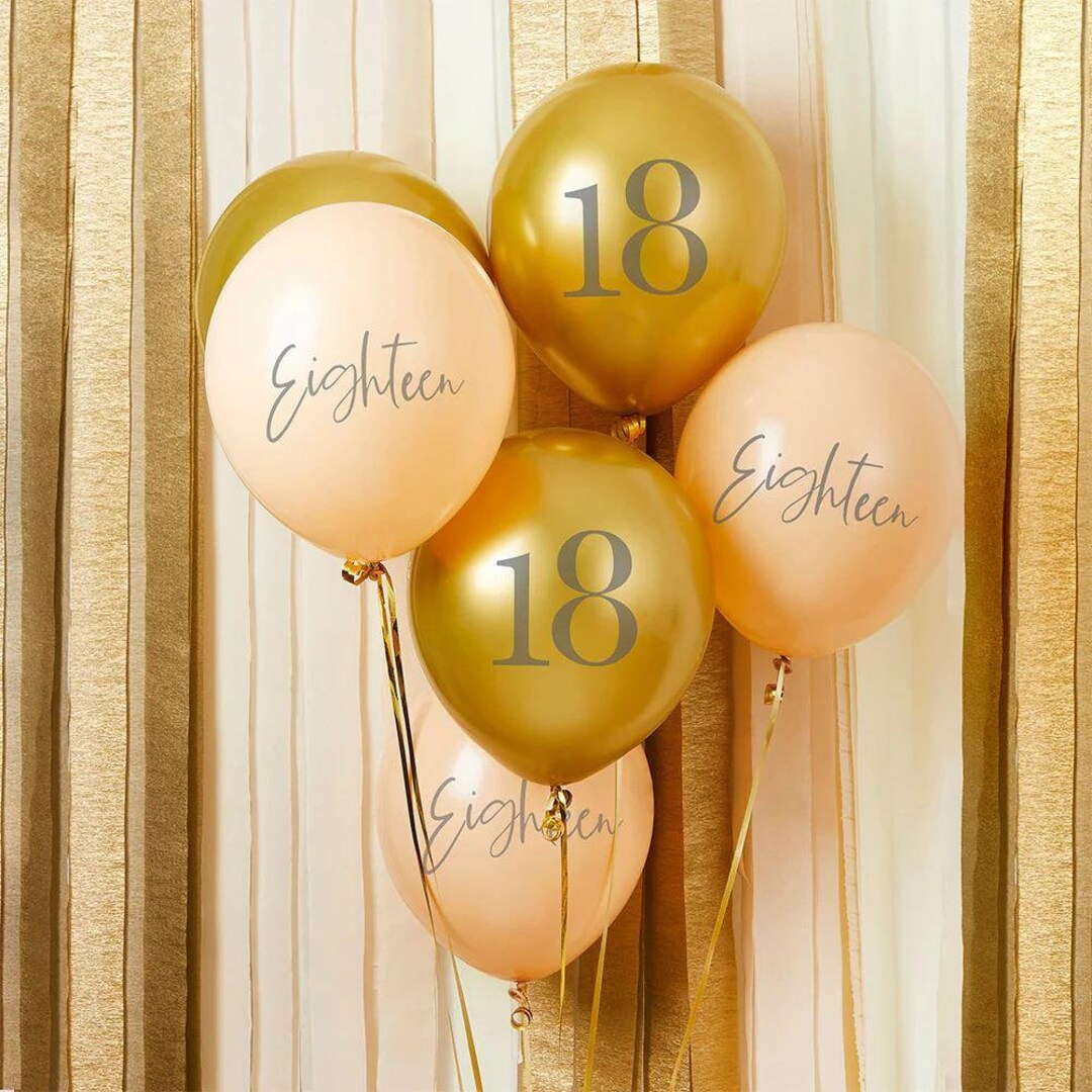 6 Gold and Nude 18th Birthday Balloons, Age 18 Party Balloons, 18th