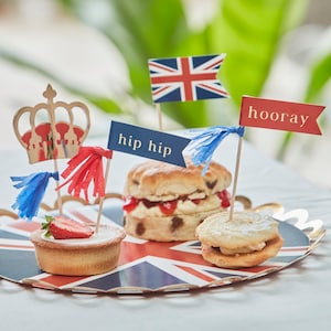 Kings Coronation Partyware and Decorations, Street Party Union Jack Bunting Plates Napkins Cups Table Confetti, British Partyware Cupcake Toppers x10