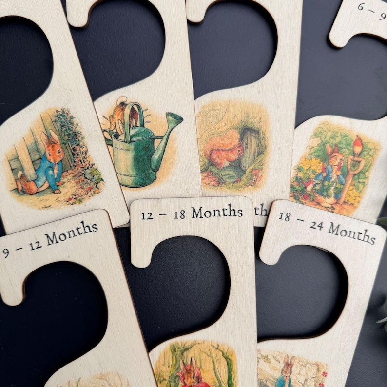 7 Peter Rabbit Nursery Hangers, Wooden Baby Clothes Dividers Colour Printed, New Born Gift, Baby Shower Keepsake, Wood Baby Keepsake image 3