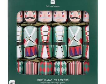 Nutcracker Christmas Crackers with Bingo Game, Green and Red Festive Party Table Decorations, Three Designs (Pack of 6, 30 cm)