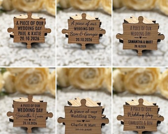Custom Wedding Jigsaw Favours, Personalised Wooden Puzzle Piece Favors, Rustic Wood Wedding Table Keepsake Tags, Wedding Table Decoration