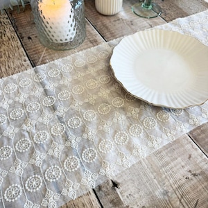 May include: A white lace table runner with a delicate floral pattern. The runner is laid on a wooden table with a white plate on top.