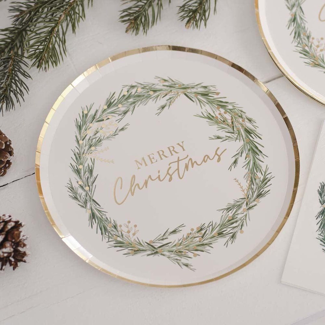 8 Gold Foiled Christmas Wreath Paper Plates, Christmas Plates, Gold