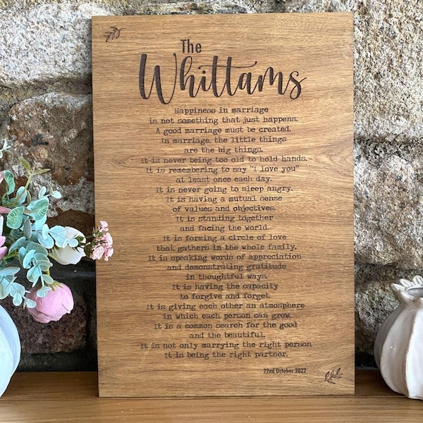 Personalised Wedding Plaque, Keepsake Gift For The Couple, 5th Anniversary Keepsake, Engraved Wooden Plaque