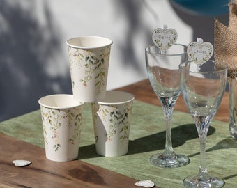 10 Botanical Floral Paper Cups, Green Wedding Party Cups, Afternoon Tea Party Cups, Botanical Partyware Decoration