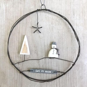 Guirlanda grande de boneco de neve de metal para pendurar, decoração festiva rústica, decoração de Natal, lembrança festiva rústica, presente para ela.
