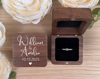 Personalised Wedding Engagement Ring Box, Custom Engraved Wood Square Ring Box, Name Ring Box Holder, Proposal Keepsake, Anniversary Gift
