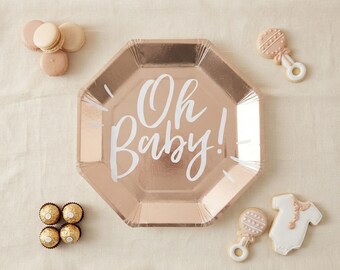 8 Gold Oh Baby Plates, Baby Shower Paper Plates, Gender Reveal Party, Neutral Baby Shower, Oh Baby Party Plates, Gold Baby Shower
