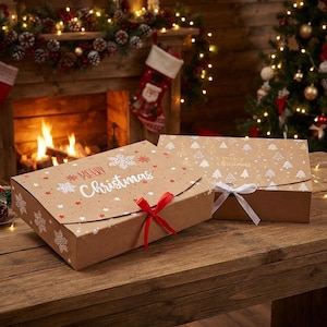 Julklappsaskar med snöflingemotiv – Kraft Vit & Brun Återvinningsbar Festlig Förpackning, Presentaskar (Set om 2)