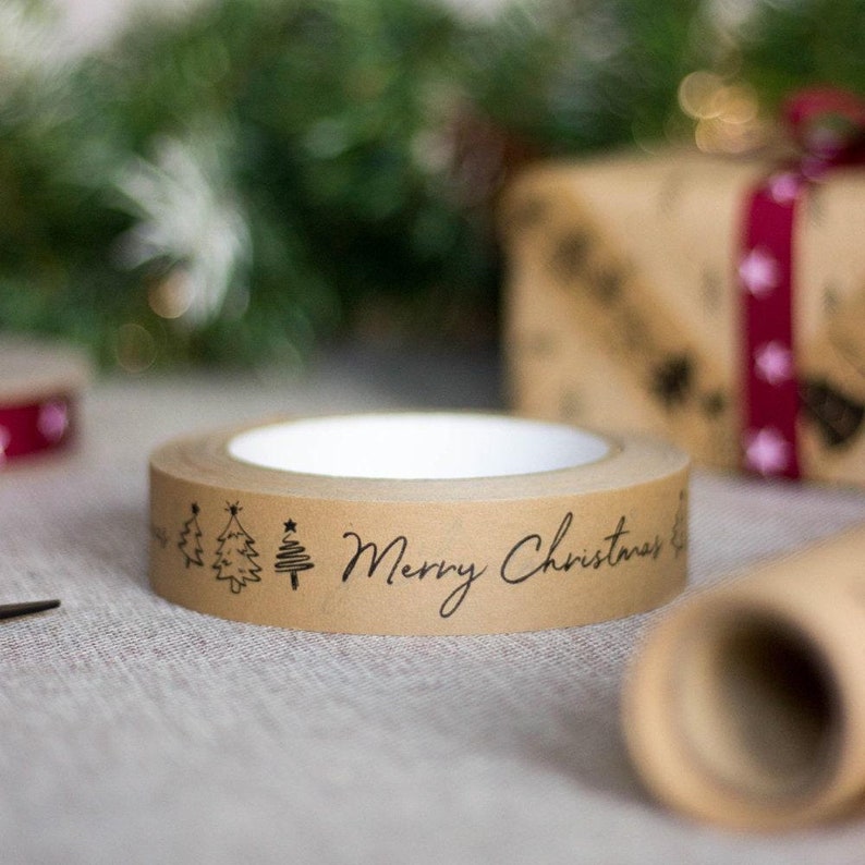 50m Christmas Craft Brown Tape Red Festive Gift Wrap Tape Etsy