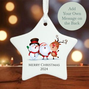 Personalised Christmas Tree Decoration, Family Porcelain Bauble Gift, Custom Hanging Tree Decoration, Santa And Friends With Custom Message
