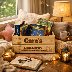 Könnte beinhalten: Eine helle Holzkiste mit der Gravur Cara's Little Library (Where the Unicorns Live), gefüllt mit verschiedenen Kinderbüchern. Ein aufgeschlagenes Buch mit einer Lesebrille liegt davor, begleitet von zwei kleinen Laternen mit Kerzen.