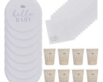 „Hello Baby Shower“-Partypaket für 8 Personen – Tassen, Teller und Servietten, „Hello Baby“-Sortiment, Babyparty-Geschirr, Geburtsparty, neutrale Babyparty