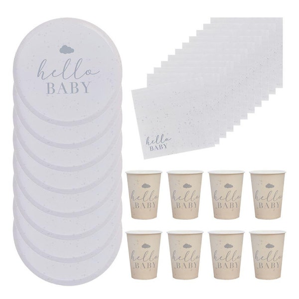Hello Baby Shower Party Pack For 8 - Cups, Plates And Napkins, Hello Baby Range, Baby Shower Tableware, New Baby Party, Neutral Baby Shower