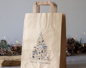 6 Christmas Tree Gift Bags, Kraft Brown Festive Party Bags With Handles, Gift Bags, Gift Wrapping, Christmas Bags